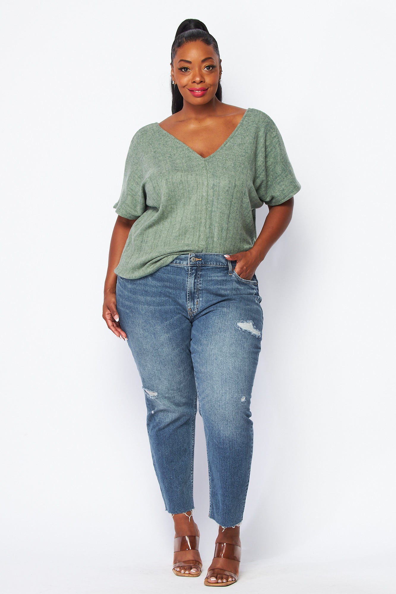 Double V neck Knit Top – blue/Grey LA Double V neck Knit Top – blue/Grey LA