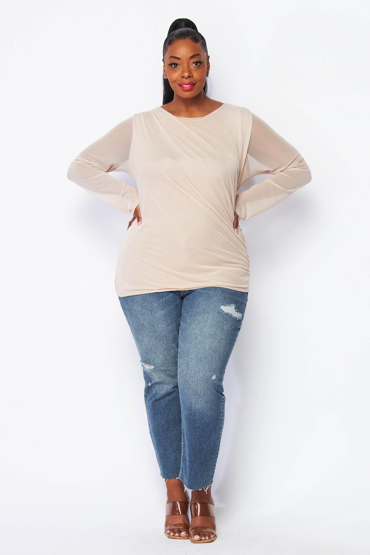 Rouched Side Mesh Top – blue/Grey LA